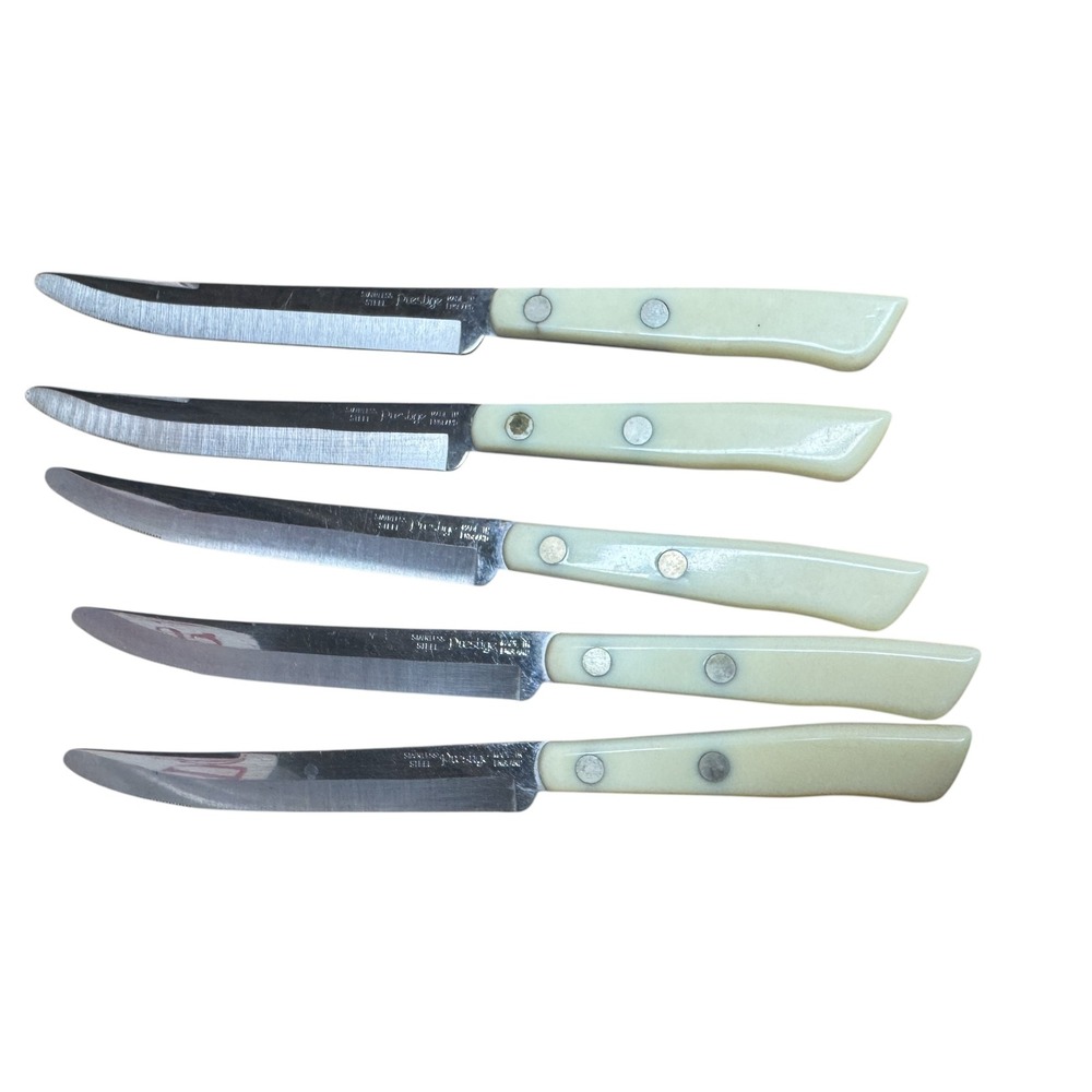Vintage Prestige Steak Knives Set of 5 Stainless Steel Made in England Wood Case